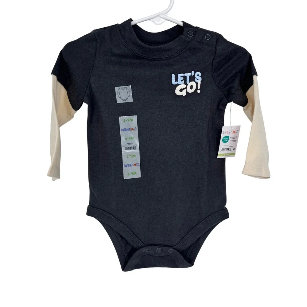Garanimals Bodysuit Baby Boy 6-9M Midnight Grey Race Car Layered Long Sleeve NEW